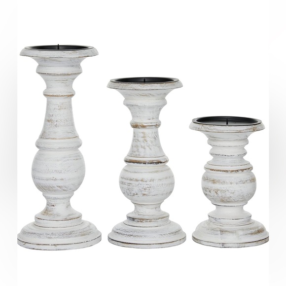 NIB set of three mango wood rustic white pillar candle holders by Deco 79 - Picture 5 of 8